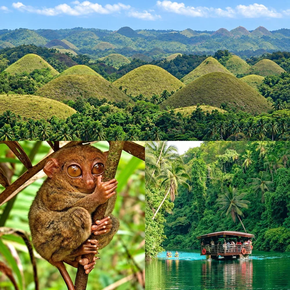 The Chocolate Hills of Bohol, a Philippine tarsier, and a Loboc River cruise boat
