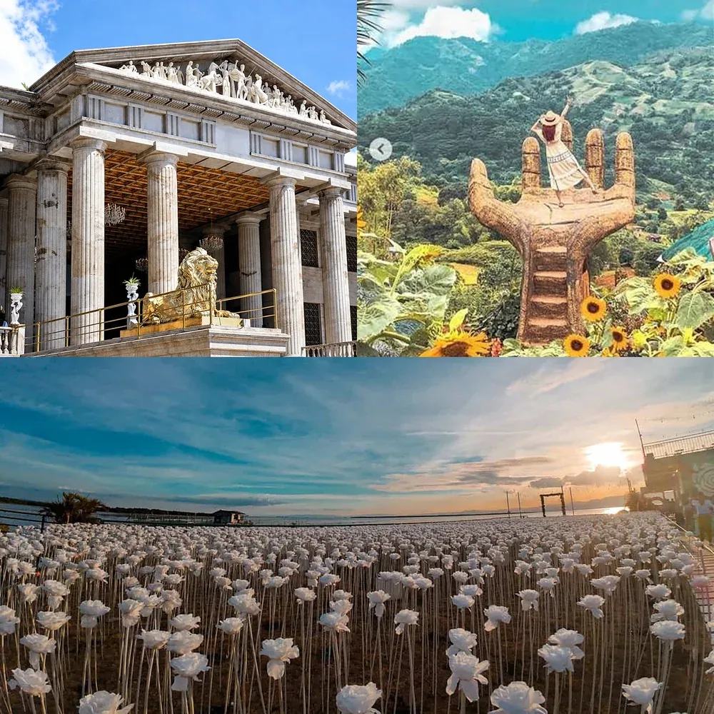 Temple of Leah, the giant hand at Sirao Garden, and the 10,000 Roses at sunset