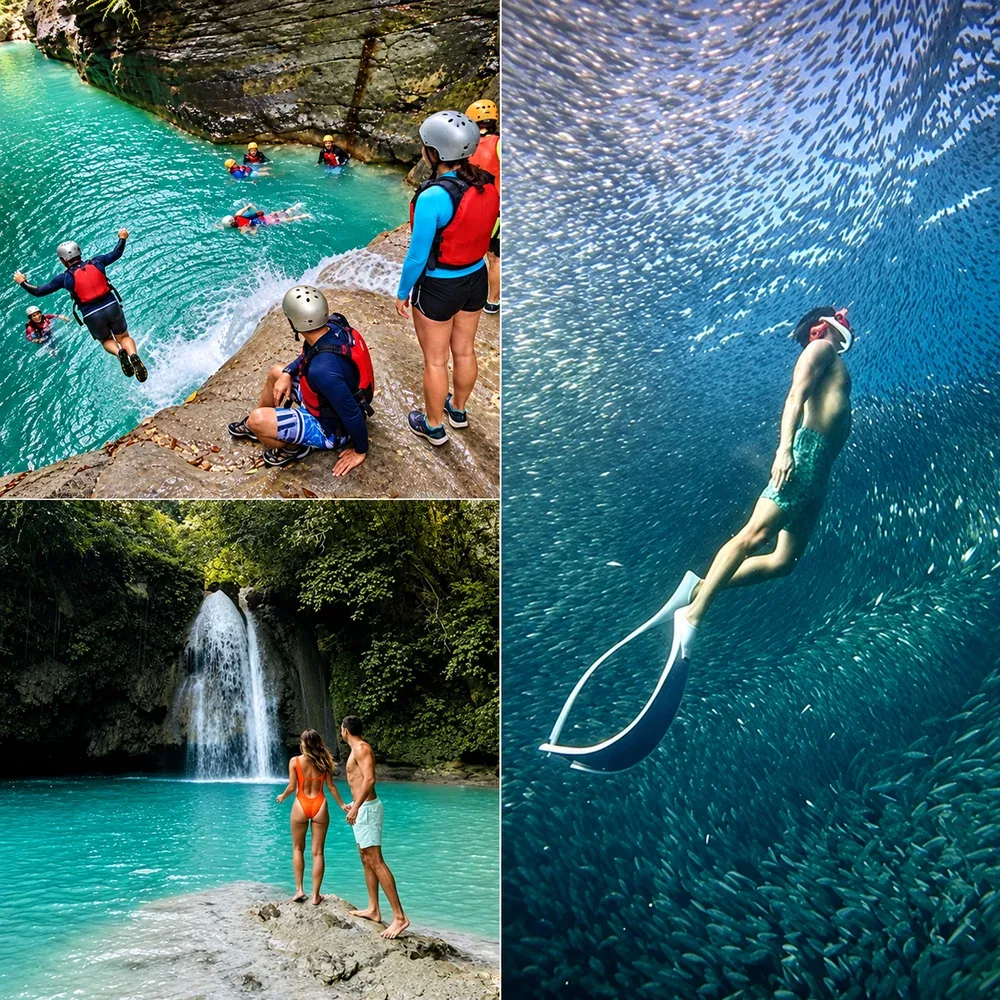Canyoneering jumps into a turquoise river, Kawasan Falls, and a snorkeler in the Moalboal sardine run