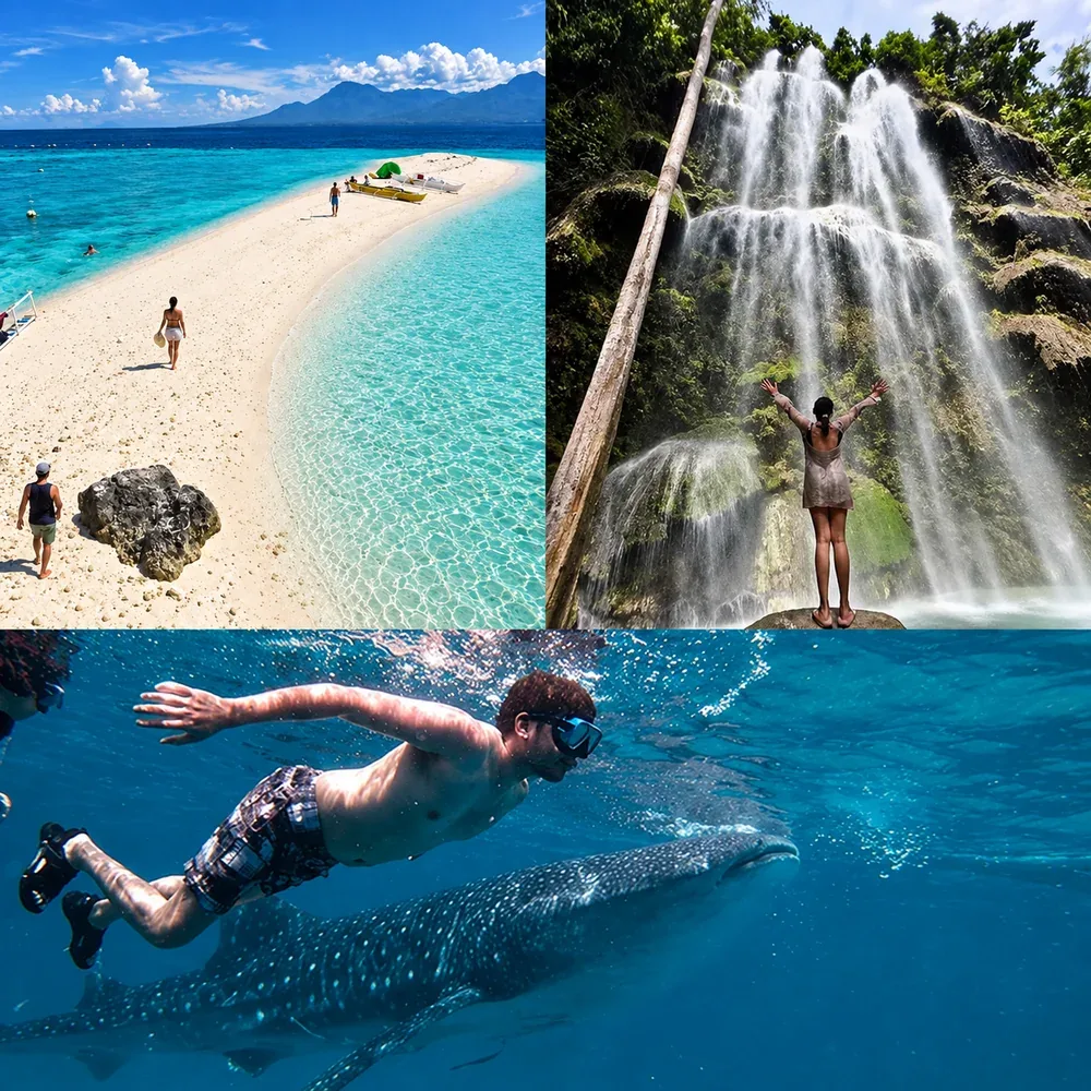 The white sandbar of Sumilon Island, Tumalog Falls, and a snorkeler swimming beside a whale shark in Oslob