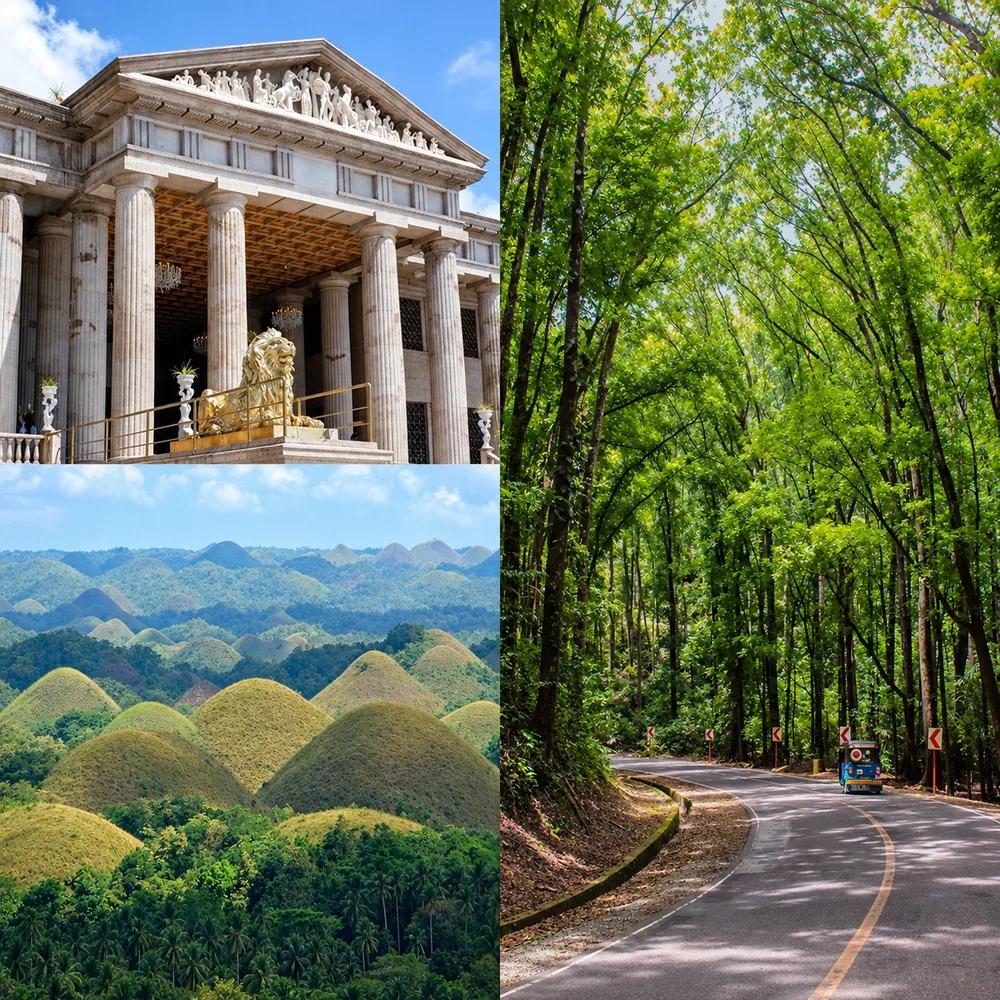 The Temple of Leah, the Chocolate Hills, and the road through the Bohol man-made forest