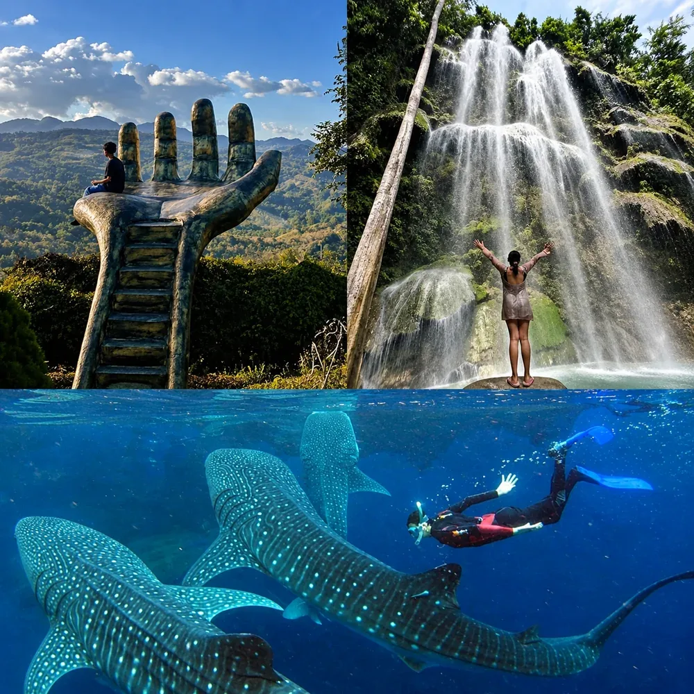 The giant hand viewpoint at Sirao, Tumalog Falls, and a snorkeler with whale sharks in Oslob