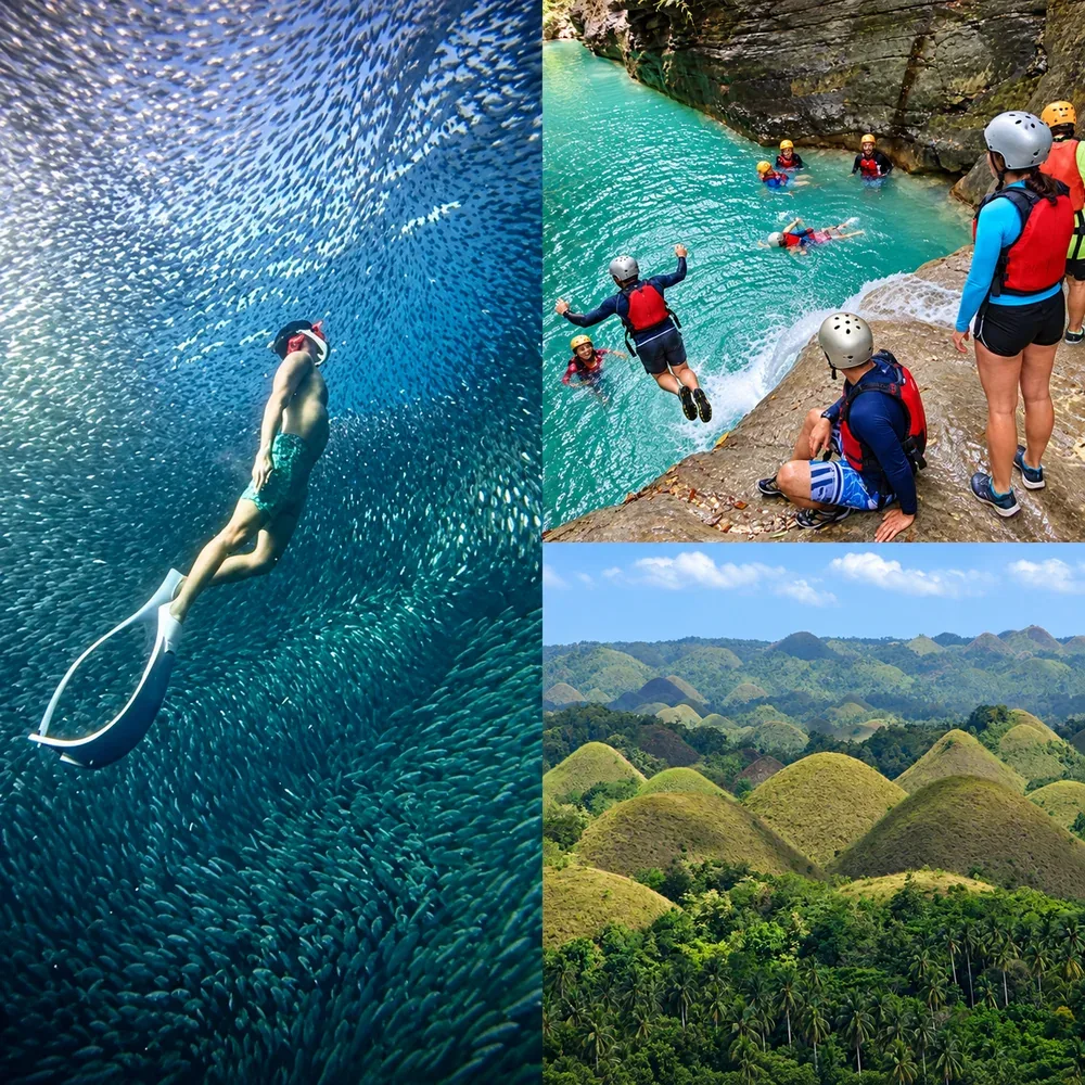 A snorkeler in the Moalboal sardine run, canyoneering in Badian, and the Chocolate Hills of Bohol