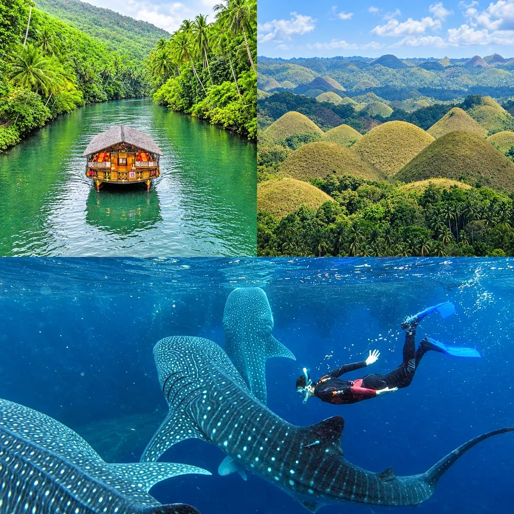 A Loboc River cruise boat, the Chocolate Hills, and a snorkeler with whale sharks in Oslob