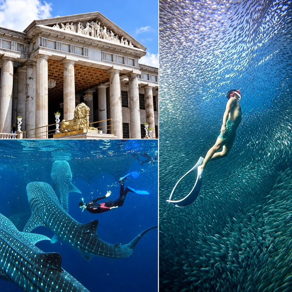 The Temple of Leah, a snorkeler with whale sharks in Oslob, and a freediver in the Moalboal sardine run