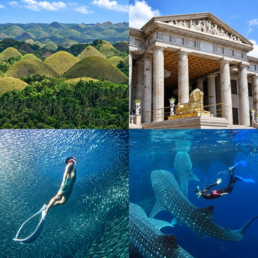 The Chocolate Hills, the Temple of Leah, the Moalboal sardine run, and whale sharks in Oslob