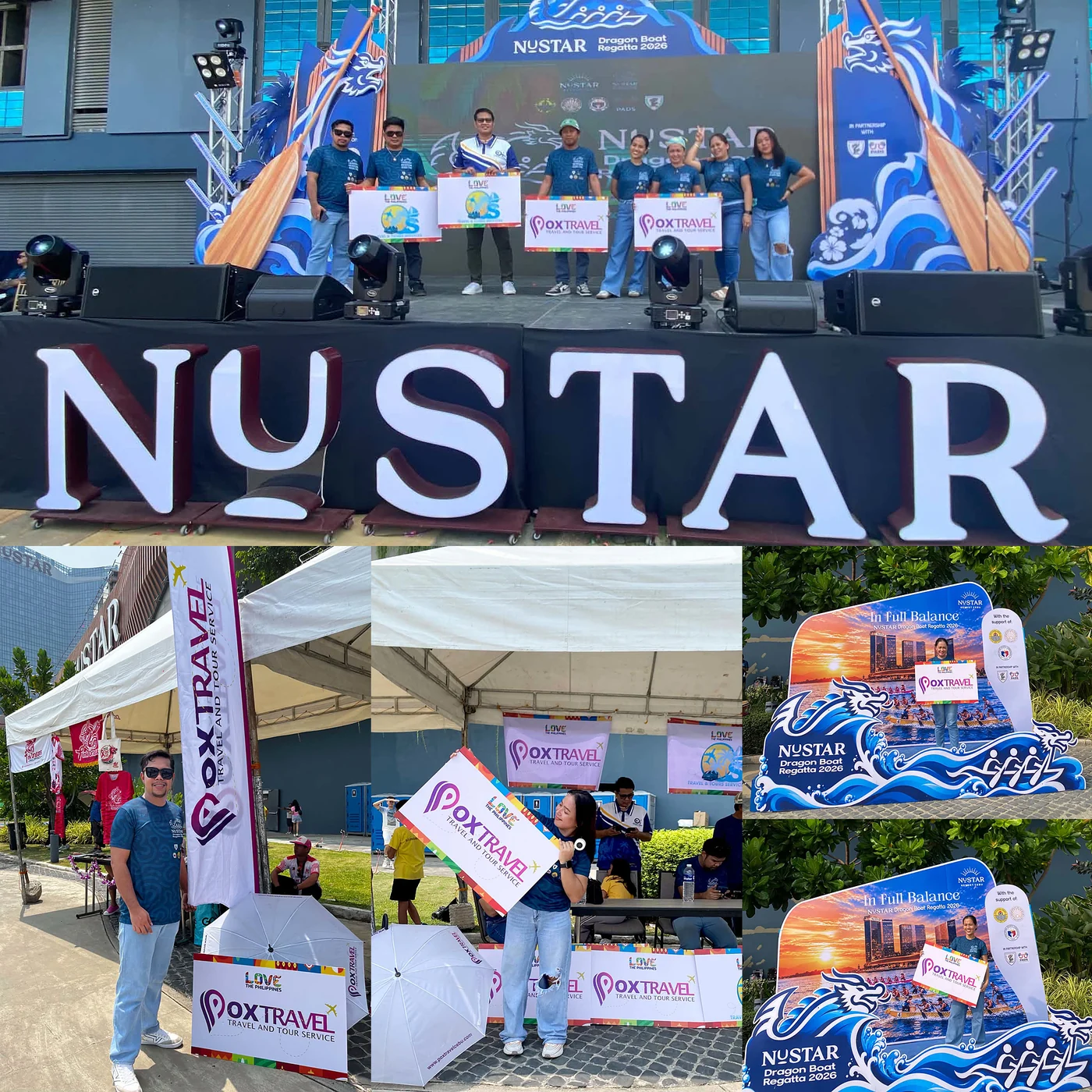 Pox Travel and Tours at the NUSTAR Dragon Boat Regatta 2026: the team on stage, the event booth and flag banner, and team members at the regatta photo wall