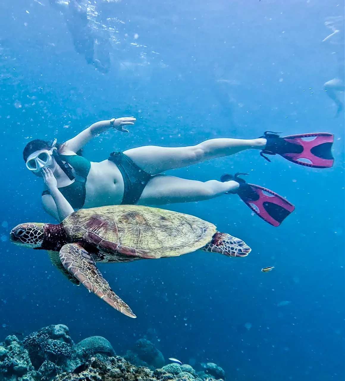 A snorkeler posing beside a sea turtle in Moalboal