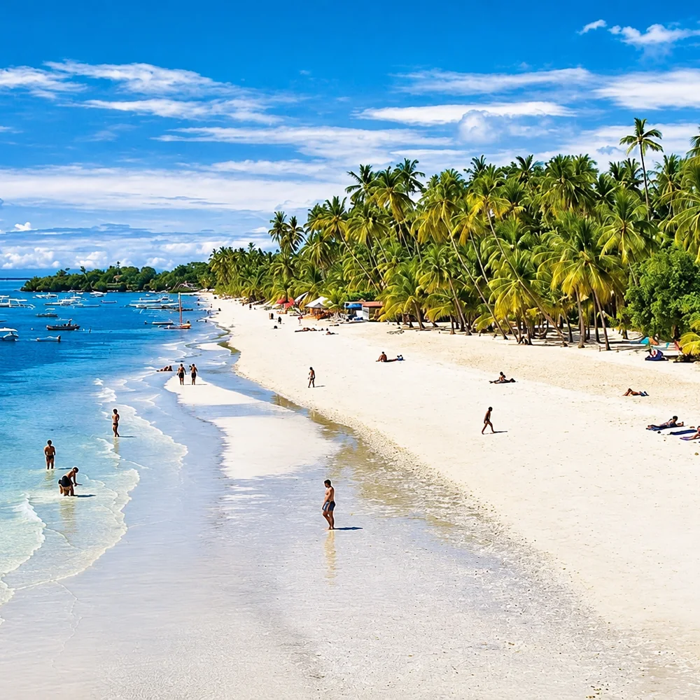 Alona Beach in Panglao, Bohol, with white sand, palm trees and outrigger boats