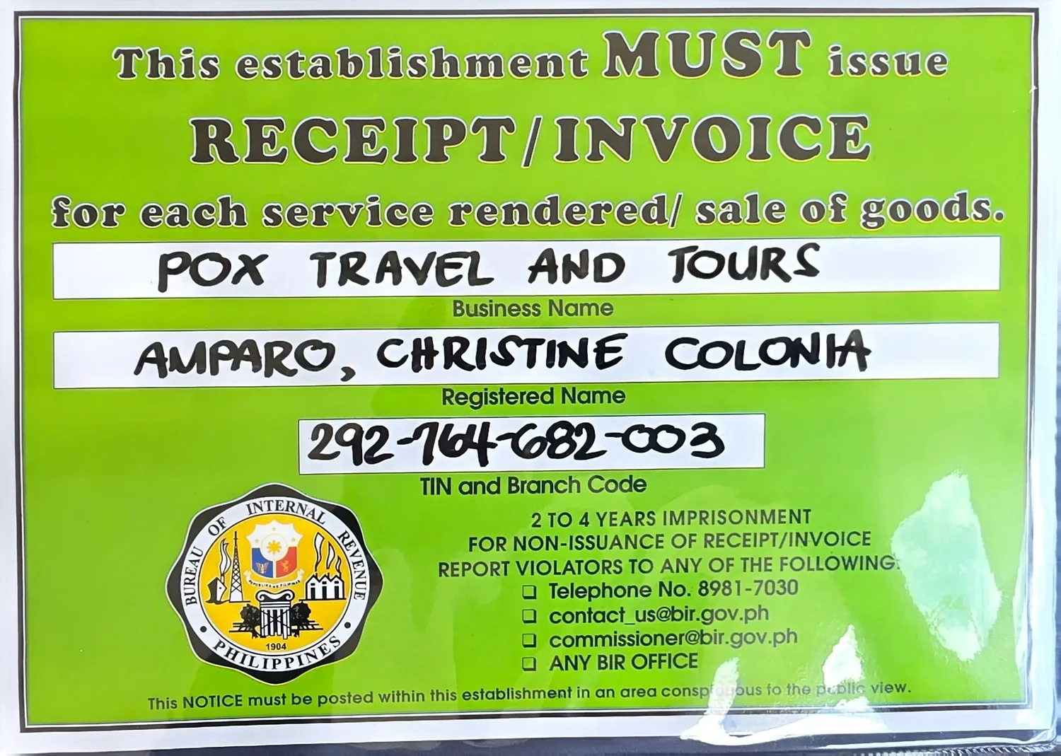 BIR “Ask for Receipt” Notice of Pox Travel and Tours