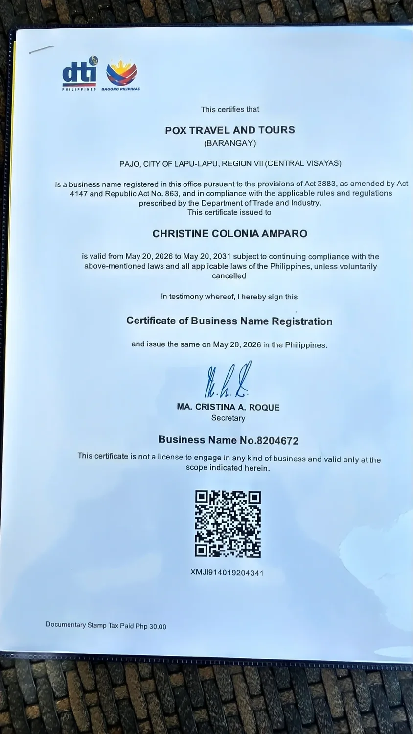 DTI Business Name Registration of Pox Travel and Tours