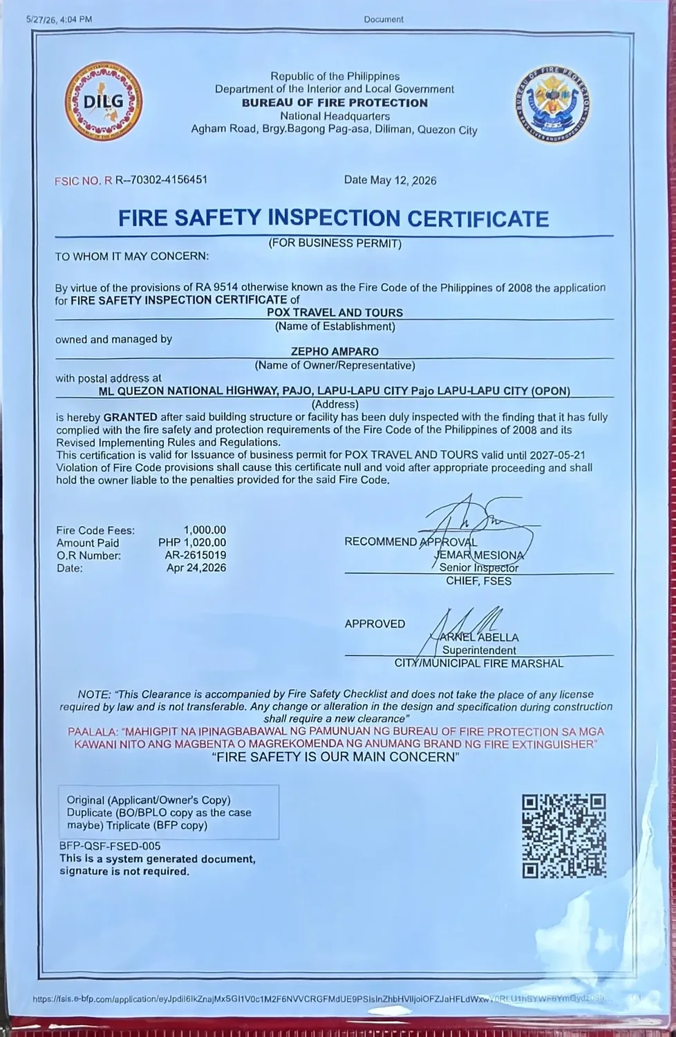 Fire Safety Inspection Certificate of Pox Travel and Tours