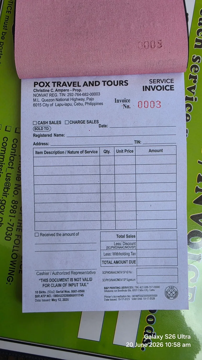 Official Service Invoice of Pox Travel and Tours