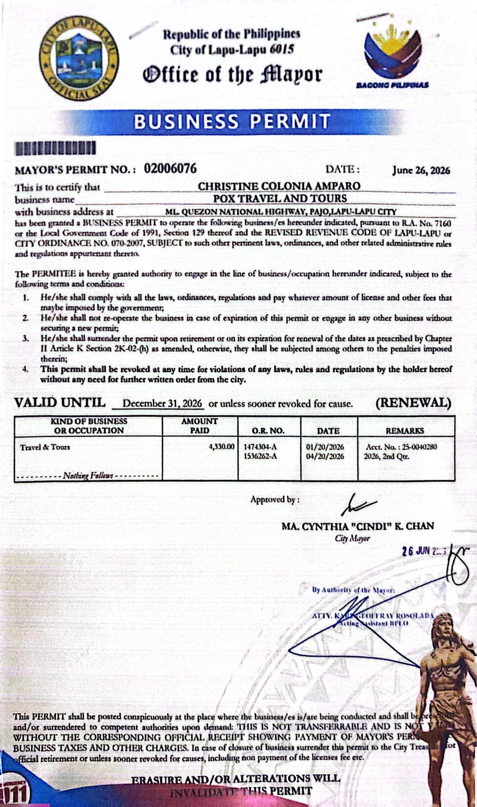 Mayor’s Business Permit of Pox Travel and Tours