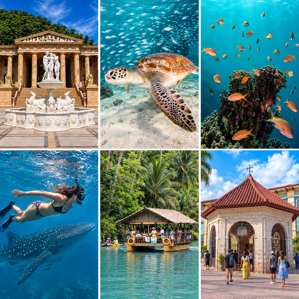 Temple of Leah, a sea turtle, coral reef fish, a whale shark encounter, the Loboc River cruise and Magellan’s Cross