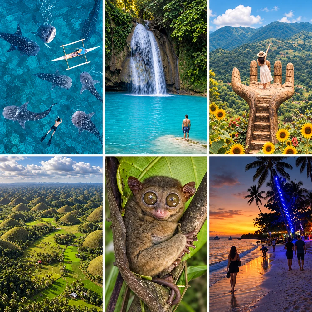 Whale sharks in Oslob, Kawasan Falls, the Hand of God viewpoint, Chocolate Hills, a Philippine tarsier and a beach at sunset