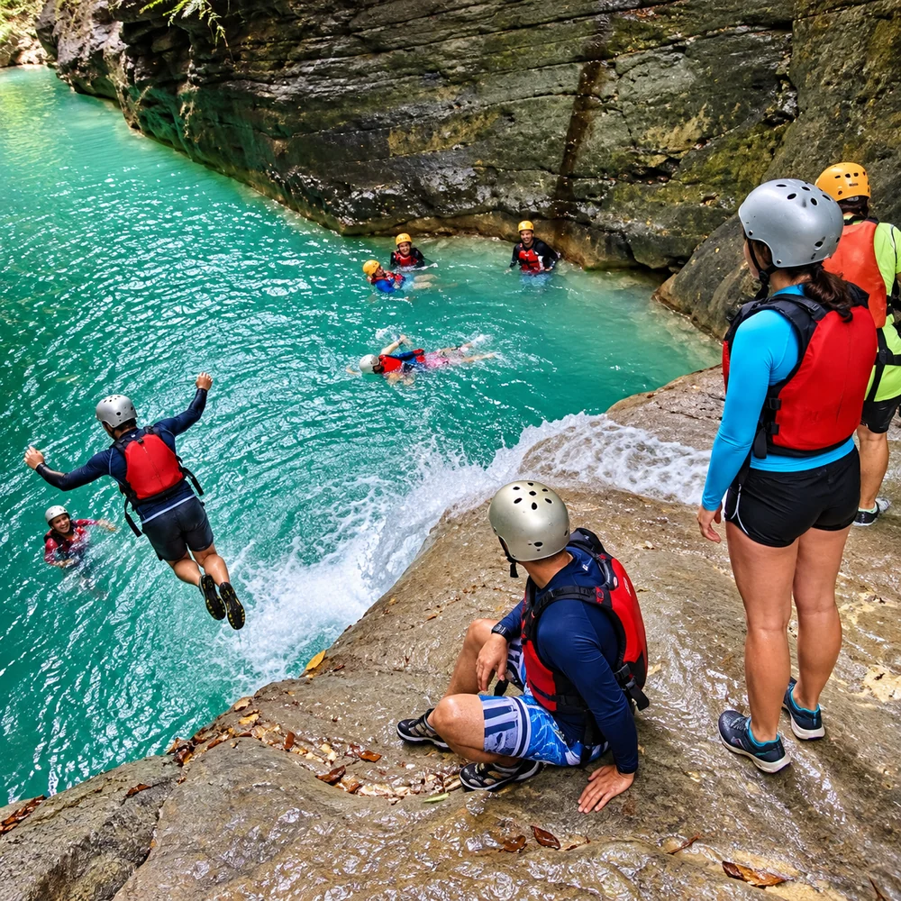 Canyoneers in helmets and life vests jumping from a rock ledge into a turquoise river canyon in Badian