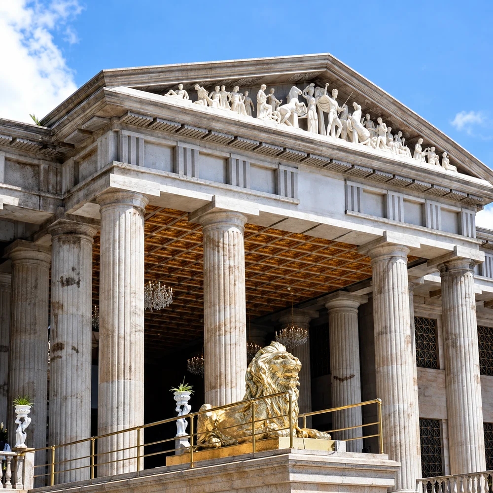The columns, pediment and golden lion of the Temple of Leah