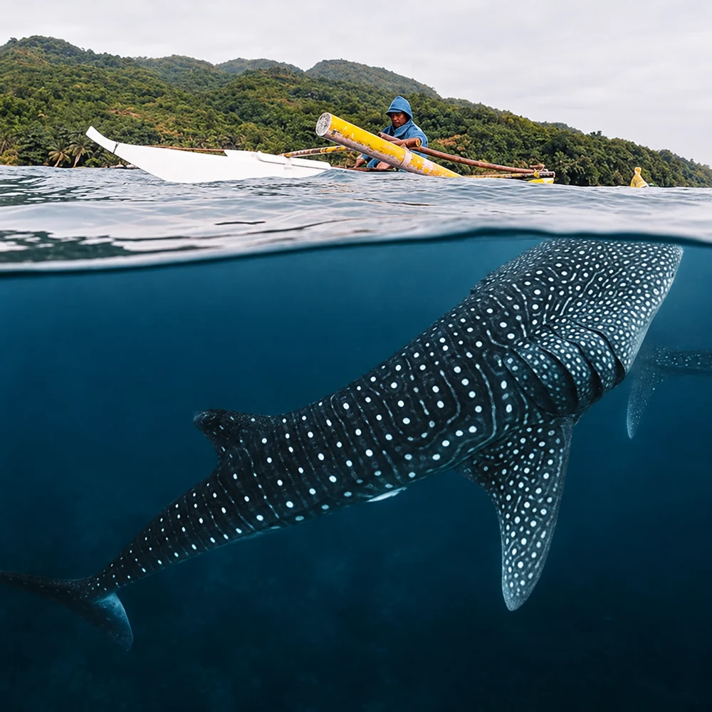 A whale shark swimming just below a fisherman’s outrigger boat in Oslob