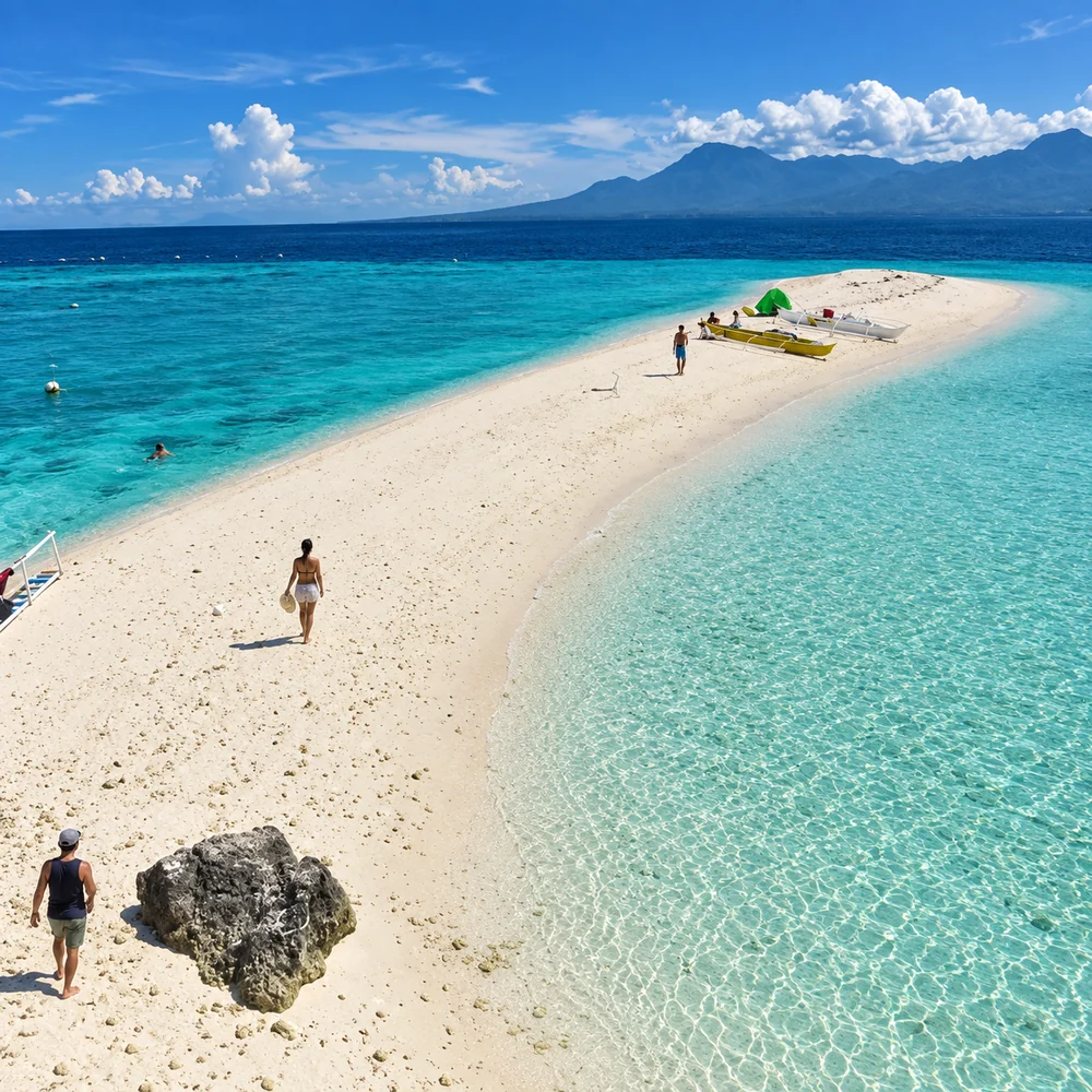 The long white sandbar of Sumilon Island surrounded by clear turquoise water