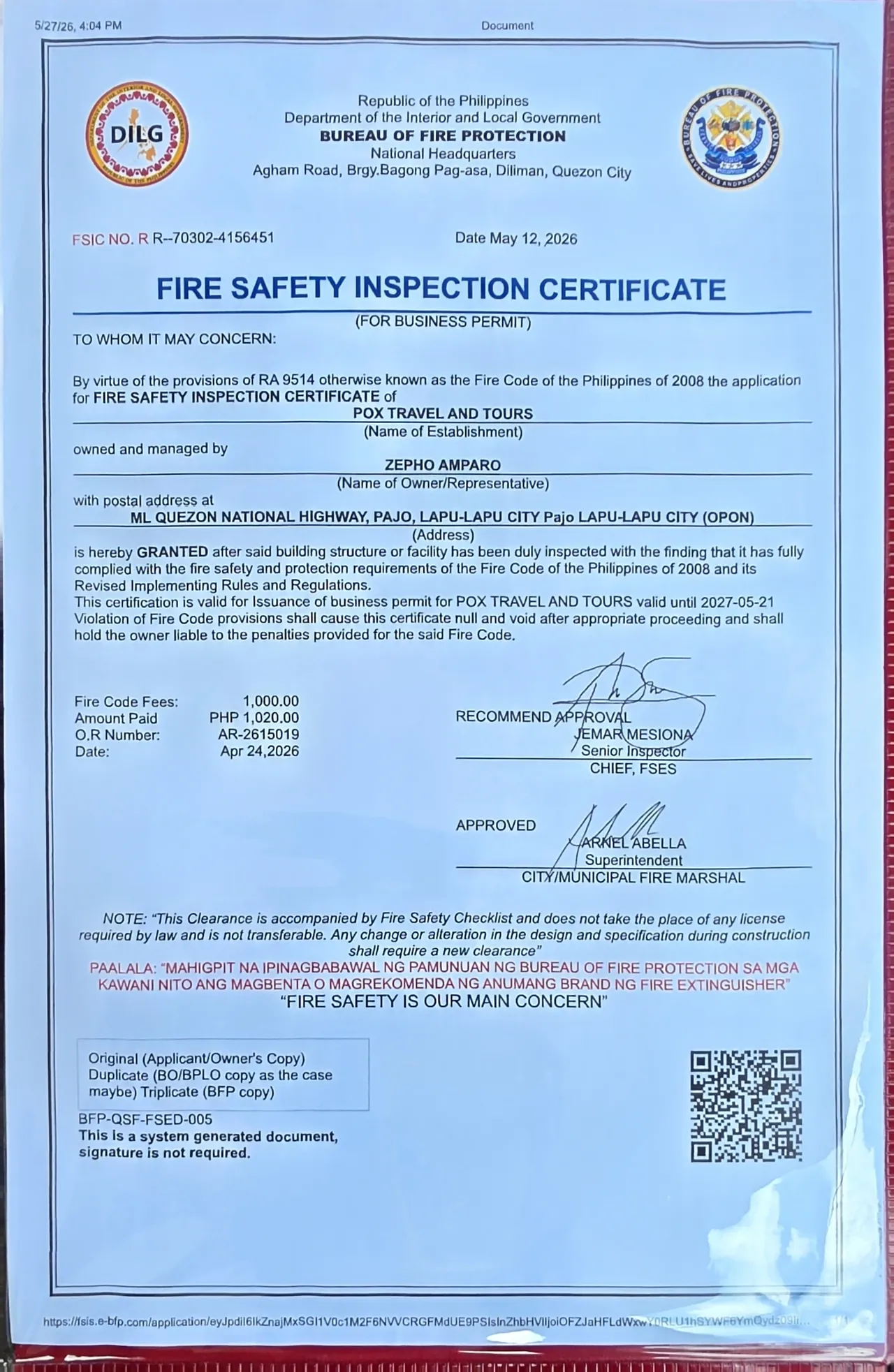 Fire Safety Certificate